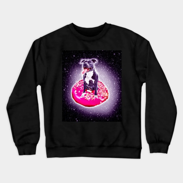 Outer Space Galaxy Dog Riding Doughnut Crewneck Sweatshirt by Random Galaxy